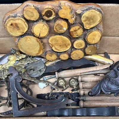 Lot Of Assorted Vintage And Antique Wood Trim, Metal Drawer Pulls, And Hardware