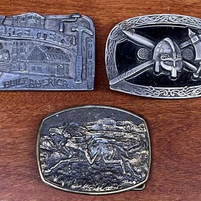 (3) Brass & Pewter Belt Buckles - Carpenters 1983, Denver 1982, & Great American Buckle Co 1994 