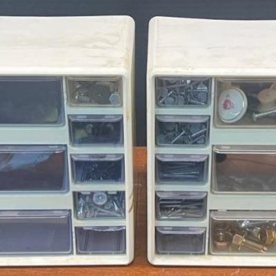 Pair Of 9.75" X 6.25" X 9.25" Plastic Hardware Organizers With Contents - Nails, Bolts, Drawer Pulls, And More