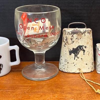Antique Metal Cow Bell And Tobacco Box With Vintage Matches And Hopalong Cassidy Mug