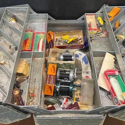 Metal Tackle Box With Assorted Vintage And Antique Lures, Reels, And Hooks - Jitterbug, Red Eye, Johnsons, Etc