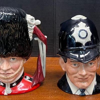 Royal Doulton The Guardsman 1986 D6755 And The London Bobby 1985 D6744 7 And 8" Toby Mugs