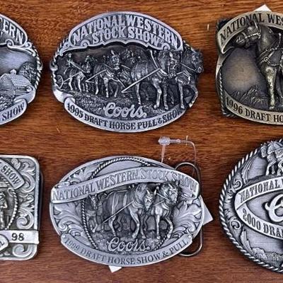 Coors National Western Stock Show 1994, 95, 96, 98, 99 & 2000 Limited Edition Brass & Pewter Belt Buckles