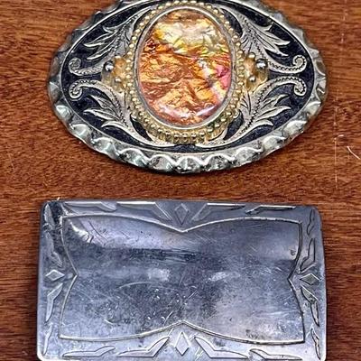(2) Vintage Belt Buckles - Brass With Agate Inlay & Justin Nickle Silver 