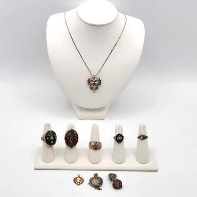 #500 • Sterling Silver Rings, Necklace, and Pendants, 67g

