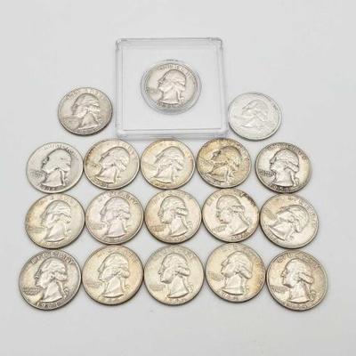 #620 • (18) 1935-2007 90% Silver Washington Quarters, 106g
