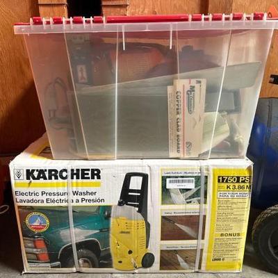 #3018 • Karcher Electric Pressure Washer, Bench Grinder, Tools, and Tote
