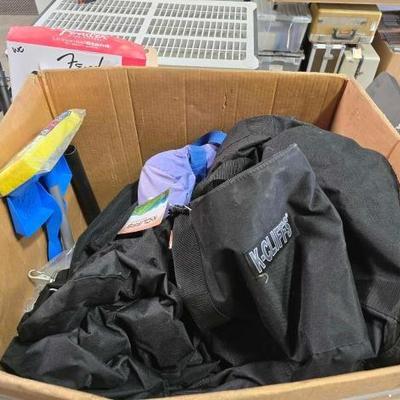 #2506 • 1 Box of Gym Bags Mops Shop Rags Vaccum Bags Trash Bags Irons Toilet Paper
