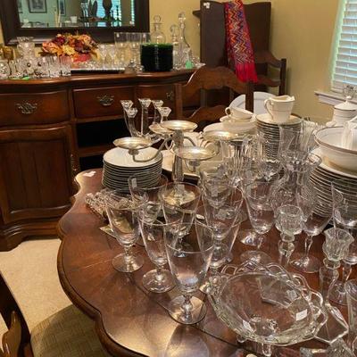 Dining Room with Table and matching Buffet and collection of glassware