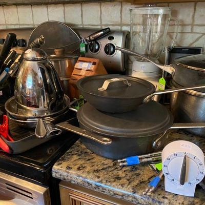 Kitchen accessories, coffee pots, pans