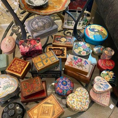 Large collection of small decorative boxes wood, stone, enamel, beaded, painted and paper