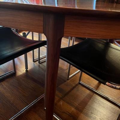 MCM oval dining table with two leaves, walnut top with teak legs, 8’ long without additional leaves