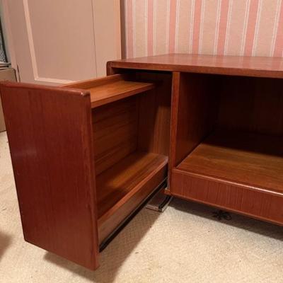 MCM mid century teak furniture, made in Denmark—secretary desk with tamboured roll top, TV stand/entertainment stand, hexagonal side...