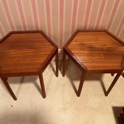 MCM mid century teak furniture, made in Denmark—secretary desk with tamboured roll top, TV stand/entertainment stand, hexagonal side...