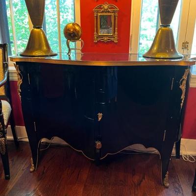 Louis XVI style black and gold bombe chest, Hollywood Regency style