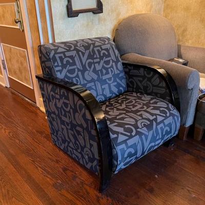 1920s Art Deco club chair with black wood frame and gray and black Art Deco style fabric
