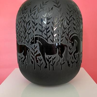 Art glass vase by Kelsey Pilgrim, cameo glass, black on black, horses