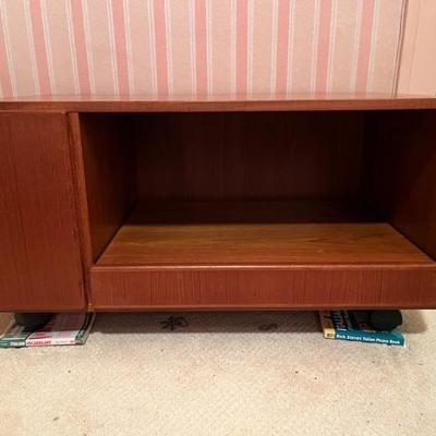 MCM mid century teak furniture, made in Denmark—secretary desk with tamboured roll top, TV stand/entertainment stand, hexagonal side...