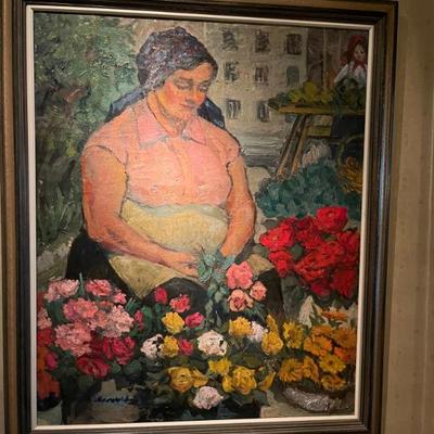 Large mid century oil painting of an Italian Woman selling flowers