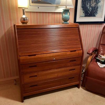 MCM mid century teak furniture, made in Denmark—secretary desk with tamboured roll top, TV stand/entertainment stand, hexagonal side...