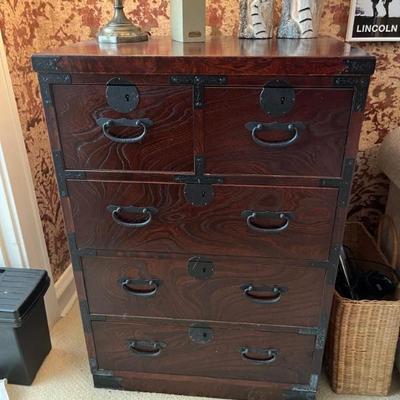Chinoiserie style, campaign style small chest, end table