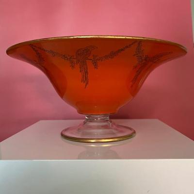 Art Deco crystal bowl, orange decorated with parrots, Czech