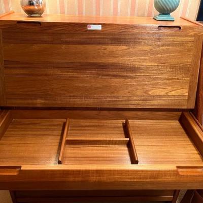 MCM mid century teak furniture, made in Denmark—secretary desk with tamboured roll top, TV stand/entertainment stand, hexagonal side...