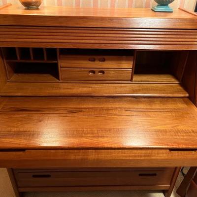 MCM mid century teak furniture, made in Denmark—secretary desk with tamboured roll top, TV stand/entertainment stand, hexagonal side...