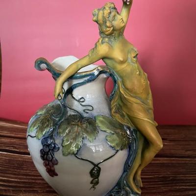 Early 20th century porcelain pitcher, Bacchante holding a loft a bunch grapes, Turn-Teplitz Bohemia (Trmovany Czechoslovakia, Ernest...