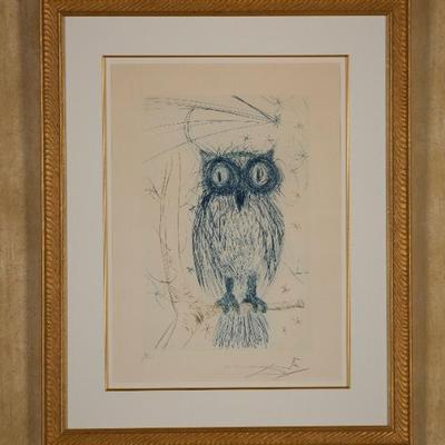Salvador Dali, "The Blue Owl" 1968, color lithograph in a gold frame, signed and numbered in pencil, 16/200, framed 21" x...