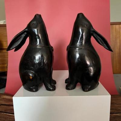 Pair of Moon Gazing Rabbits from Japan, sold by Gump’s, metal with bronze finish