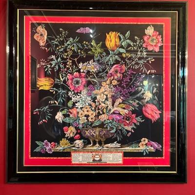 Framed silk scarf from Caspari, bouquet of flowers