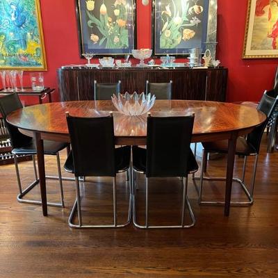 MCM oval dining table with two leaves, walnut top with teak legs, 8’ long without additional leaves