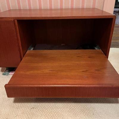 MCM mid century teak furniture, made in Denmark—secretary desk with tamboured roll top, TV stand/entertainment stand, hexagonal side...
