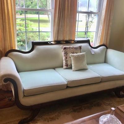 Antique Duncan Phife sofa in pale jade green velvet. Gorgeous!