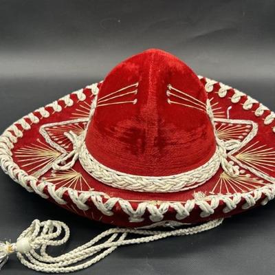 Small Red Plush Felt Embroidered Mexican Sombrero