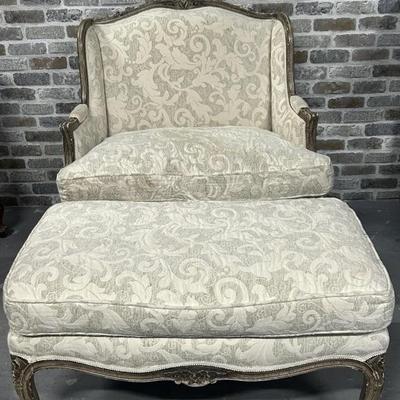 Hollywood Regency Bergere Chair, Ottoman in Damask