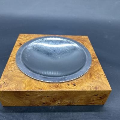 Mid Century Exotic Wood & Silver Tone Ashtray