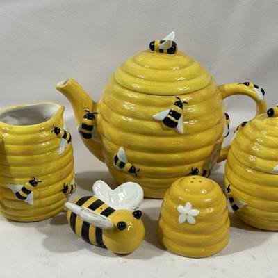 Honeybee Teapot, Sugar Bowl, Creamer, and Shakers
