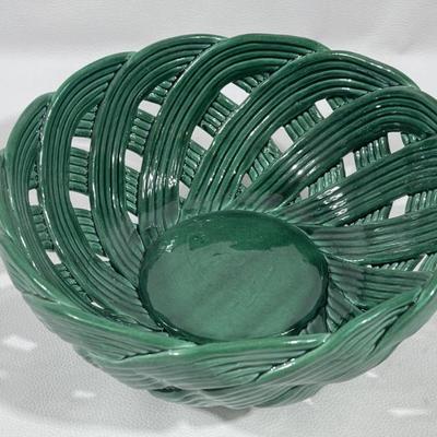 Vintage Ceramic Green Handmade Basket 9in W x 4in