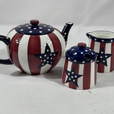 American Flag Themed Teapot, Creamer and Sugar