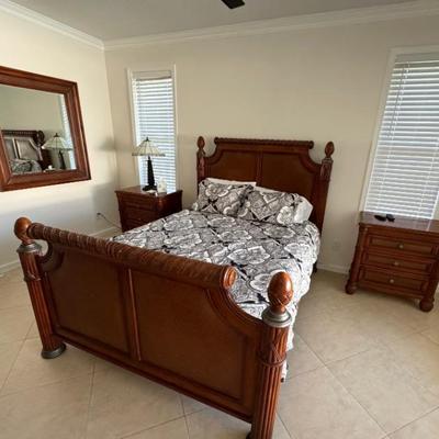 Tommy Bahama Style Queen Bedroom Set Armoire, chair, Mirror, 2 Nightstands and 1 Queen Bed & Tall Dresser
