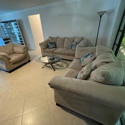 Tan Supersuede Couch, Loveseat and Arm Chair