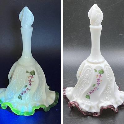 Fenton Art Glass Opalescent Handpainted Bell with Glowing Ruffled Edge
