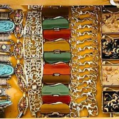 (6) Vintage Bracelets FT 1950’s & 1970’s Lucite Jewelry
Lot includes: Vintage Confetti Lucite Panel Bracelet, 1950s-1960s Celestial...