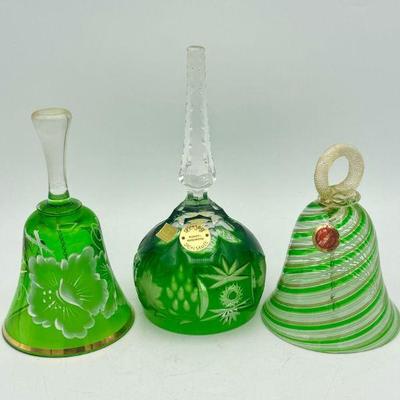 (3) Green Glass Bells Feat. Murano & Herzog Kristal From West Germany
