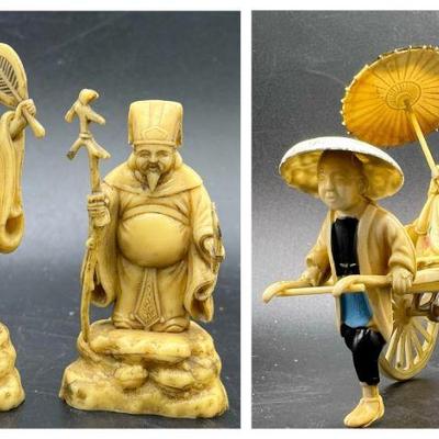 Carved Figures & Antique Chinese Rickshaw
