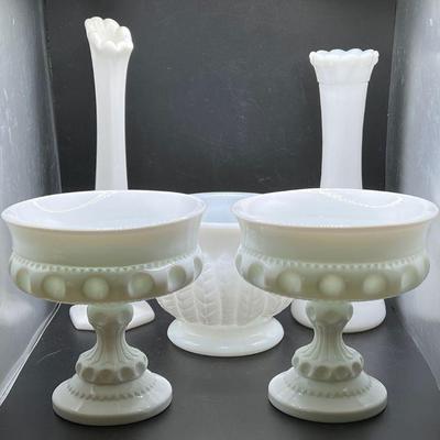 (5) Milk Glass FT Bud Vases & Compotes
