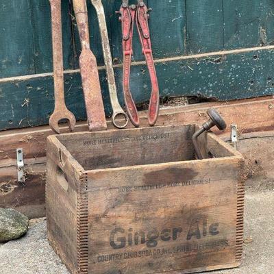 Vintage Ginger Ale Wood Crate Full Of Old Tools Mystery Lot
