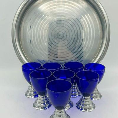 (8) Cobalt Chase Cordial Glasses & 11.5” Chase Tray
